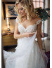 Boho Beaded Ivory Lace Tulle Sheer Pearl Buttons Back Wedding Dress